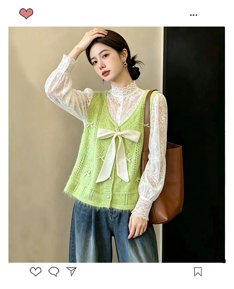 실사 빅 사이즈 이른 가을 외국 가스 나비 매듭 홀로우 아웃 니트 조끼 지방 mm 슬림해 보이는 연령 감소 스택 착용 베스트 맨위 여성 상세 이미지 1