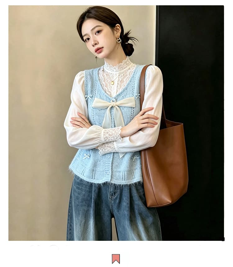 실사 빅 사이즈 이른 가을 외국 가스 나비 매듭 홀로우 아웃 니트 조끼 지방 mm 슬림해 보이는 연령 감소 스택 착용 베스트 맨위 여성 상세 이미지 2