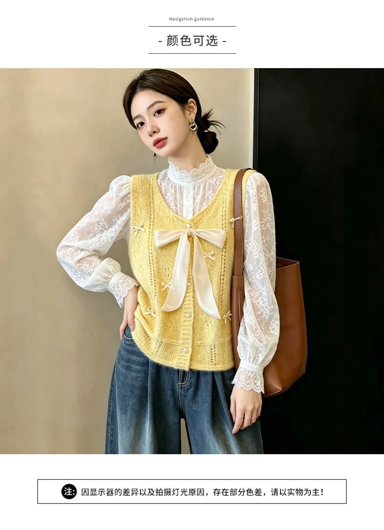 실사 빅 사이즈 이른 가을 외국 가스 나비 매듭 홀로우 아웃 니트 조끼 지방 mm 슬림해 보이는 연령 감소 스택 착용 베스트 맨위 여성 상세 이미지 4