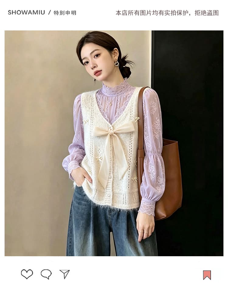 실사 빅 사이즈 이른 가을 외국 가스 나비 매듭 홀로우 아웃 니트 조끼 지방 mm 슬림해 보이는 연령 감소 스택 착용 베스트 맨위 여성 상세 이미지 7