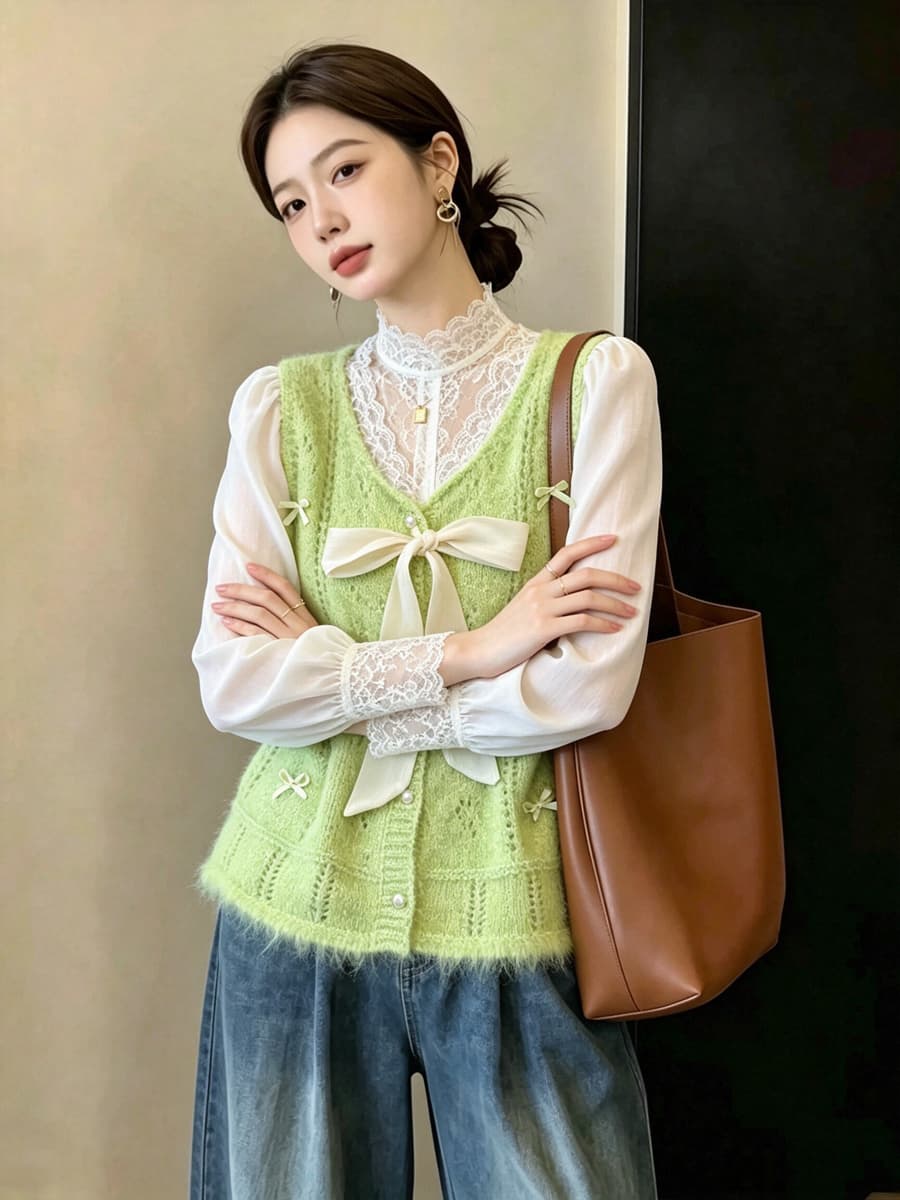 실사 빅 사이즈 이른 가을 외국 가스 나비 매듭 홀로우 아웃 니트 조끼 지방 mm 슬림해 보이는 연령 감소 스택 착용 베스트 맨위 여성 상세 이미지 9