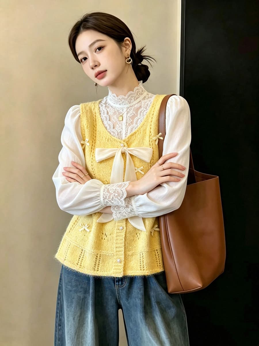 실사 빅 사이즈 이른 가을 외국 가스 나비 매듭 홀로우 아웃 니트 조끼 지방 mm 슬림해 보이는 연령 감소 스택 착용 베스트 맨위 여성 상세 이미지 13