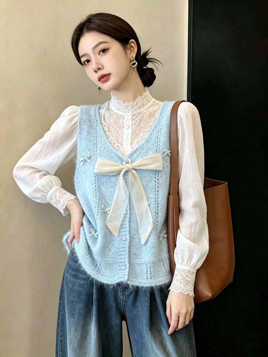 실사 빅 사이즈 이른 가을 외국 가스 나비 매듭 홀로우 아웃 니트 조끼 지방 mm 슬림해 보이는 연령 감소 스택 착용 베스트 맨위 여성 상세 이미지 18