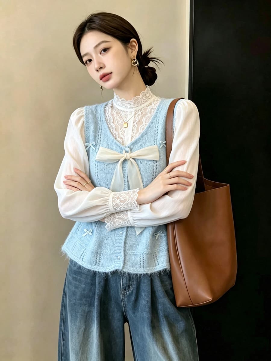 실사 빅 사이즈 이른 가을 외국 가스 나비 매듭 홀로우 아웃 니트 조끼 지방 mm 슬림해 보이는 연령 감소 스택 착용 베스트 맨위 여성 상세 이미지 20