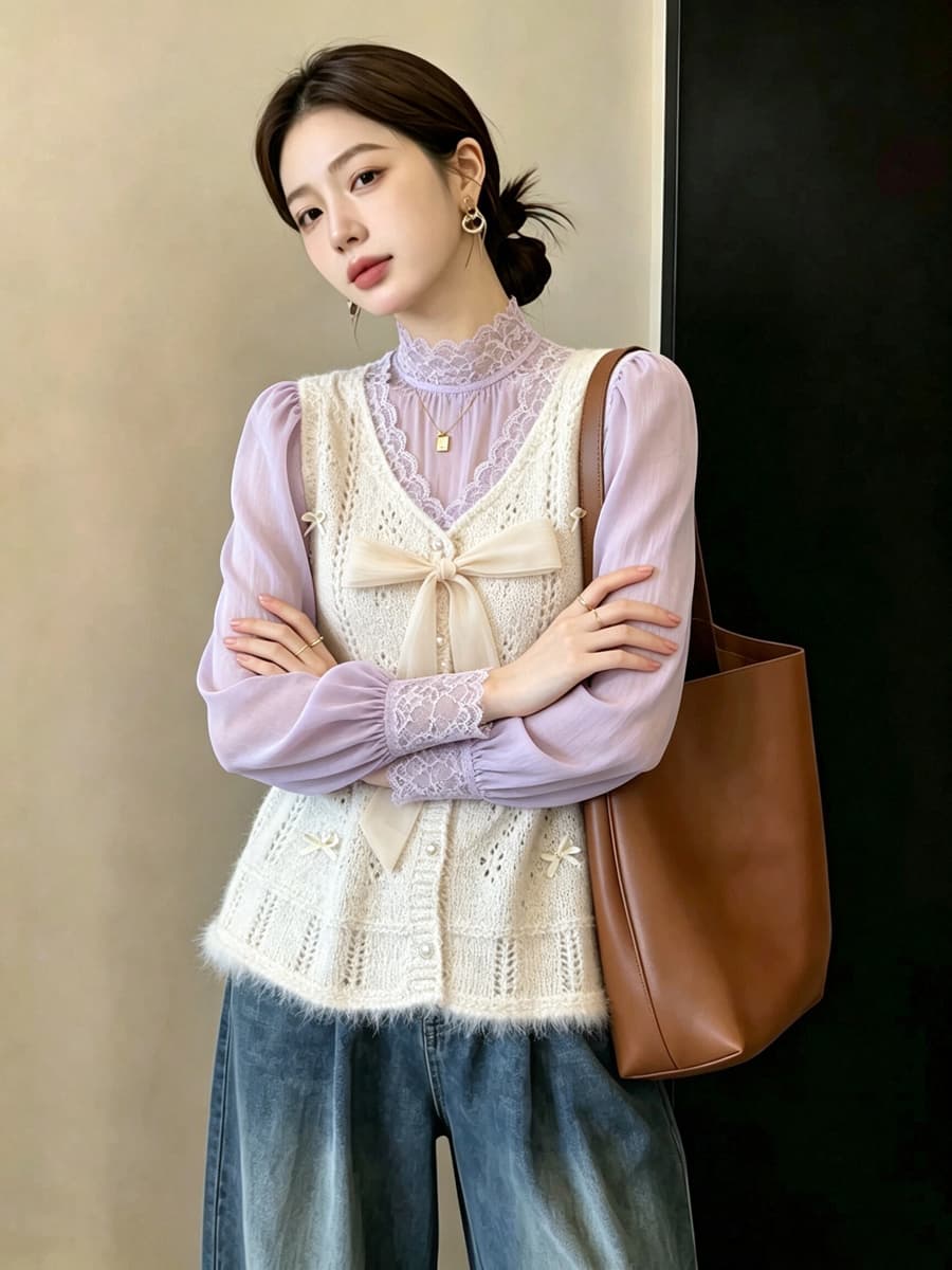 실사 빅 사이즈 이른 가을 외국 가스 나비 매듭 홀로우 아웃 니트 조끼 지방 mm 슬림해 보이는 연령 감소 스택 착용 베스트 맨위 여성 상세 이미지 24