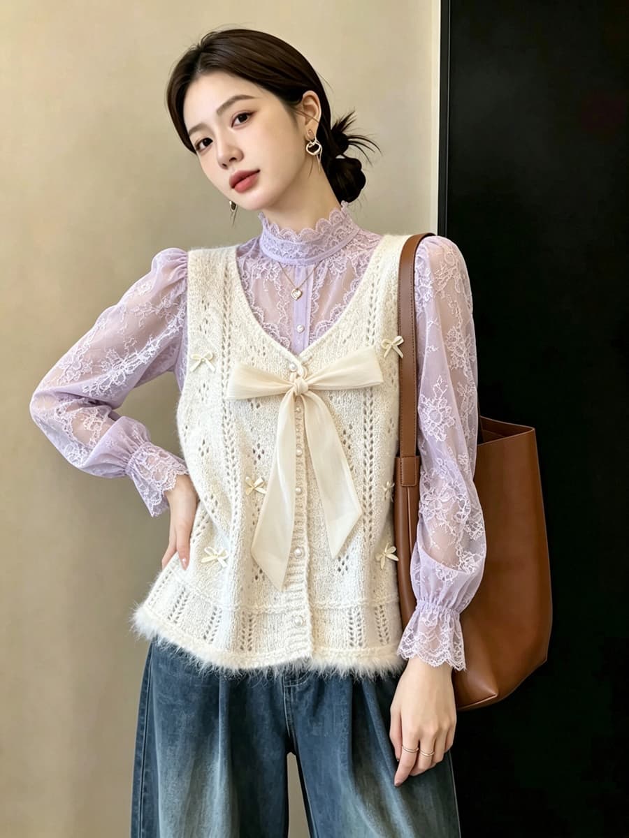 실사 빅 사이즈 이른 가을 외국 가스 나비 매듭 홀로우 아웃 니트 조끼 지방 mm 슬림해 보이는 연령 감소 스택 착용 베스트 맨위 여성 상세 이미지 25