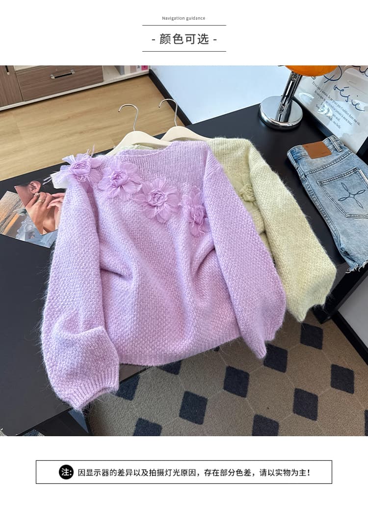 실사 빅 사이즈 외국 가스 3 차원 꽃 따뜻한 부드럽다 찹쌀 니트 지방 mm 슬림해 보이는 패션 연령 감소 가을 겨울 스웨터 여자 상세 이미지 4