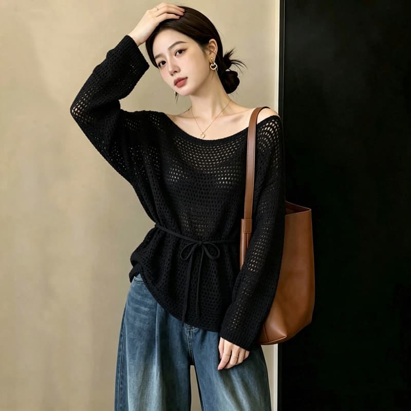 실사 빅 사이즈 외국 가스 슬림해 보이는 새로운 고급 센스 패션 연령 감소 루즈핏 홀로우 아웃 긴팔 니트 허리 수축 맨위 여성 이미지 3
