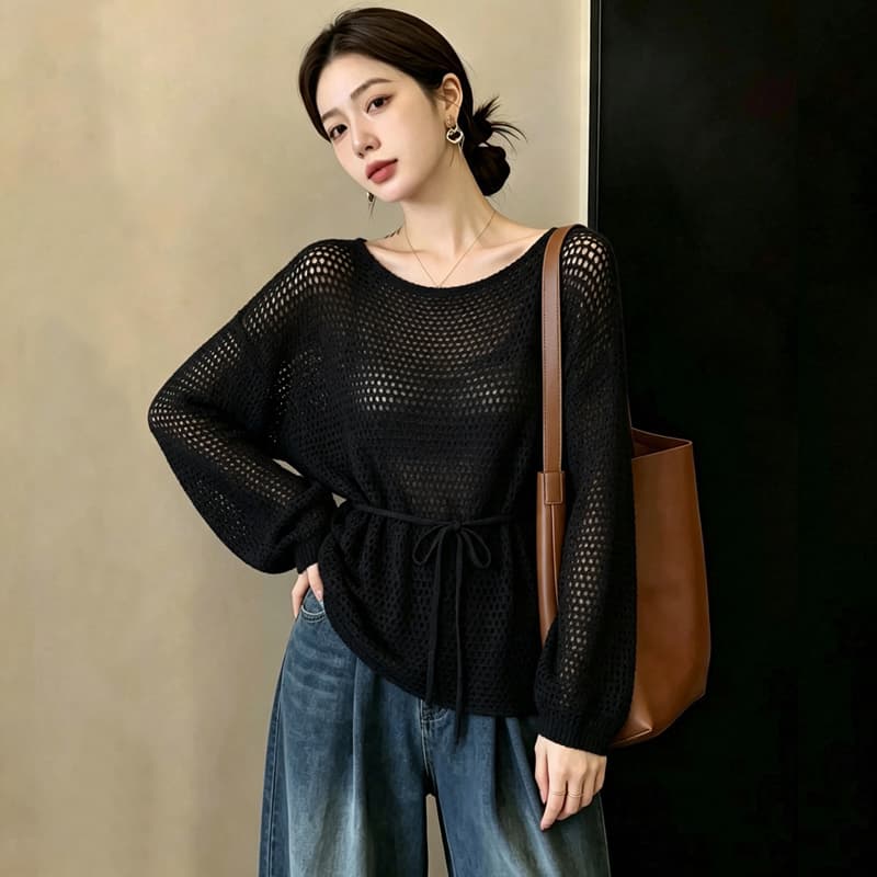 실사 빅 사이즈 외국 가스 슬림해 보이는 새로운 고급 센스 패션 연령 감소 루즈핏 홀로우 아웃 긴팔 니트 허리 수축 맨위 여성 이미지 4