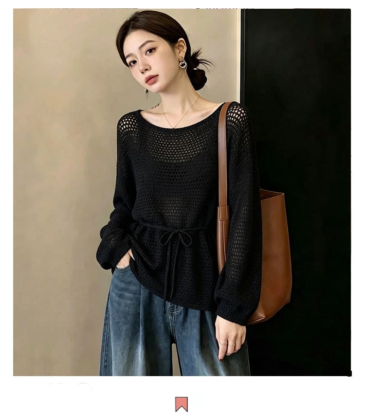 실사 빅 사이즈 외국 가스 슬림해 보이는 새로운 고급 센스 패션 연령 감소 루즈핏 홀로우 아웃 긴팔 니트 허리 수축 맨위 여성 상세 이미지 2