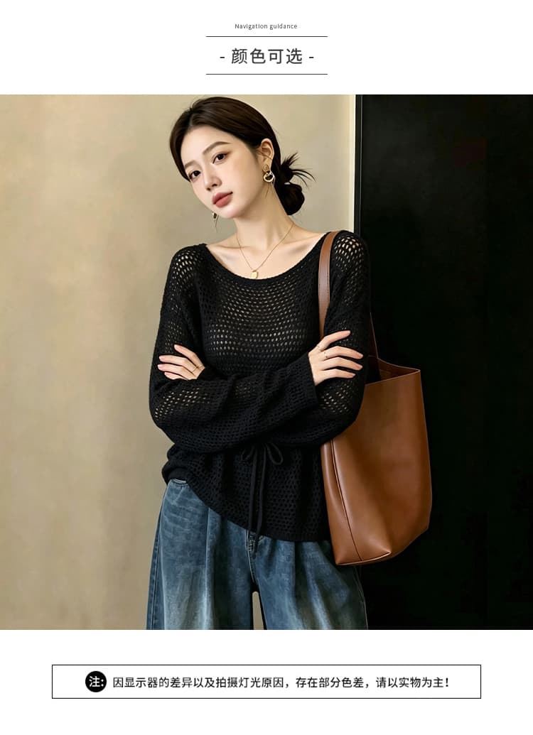 실사 빅 사이즈 외국 가스 슬림해 보이는 새로운 고급 센스 패션 연령 감소 루즈핏 홀로우 아웃 긴팔 니트 허리 수축 맨위 여성 상세 이미지 4