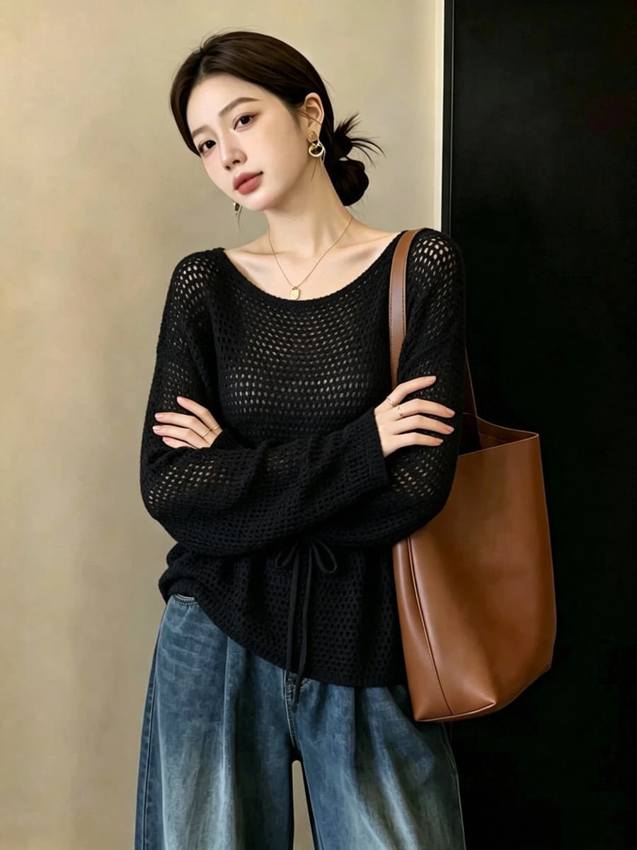 실사 빅 사이즈 외국 가스 슬림해 보이는 새로운 고급 센스 패션 연령 감소 루즈핏 홀로우 아웃 긴팔 니트 허리 수축 맨위 여성 상세 이미지 8