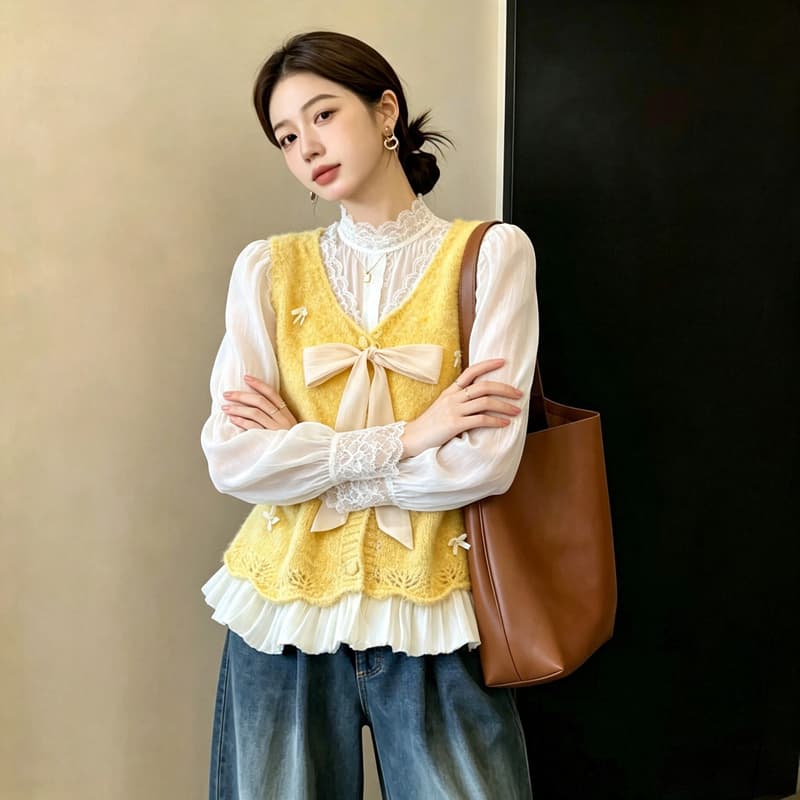 실사 빅 사이즈 이른 가을 외국 가스 나비 매듭 패치워크 니트 조끼 지방 mm 슬림해 보이는 연령 감소 스택 착용 베스트 맨위 여성 이미지 3