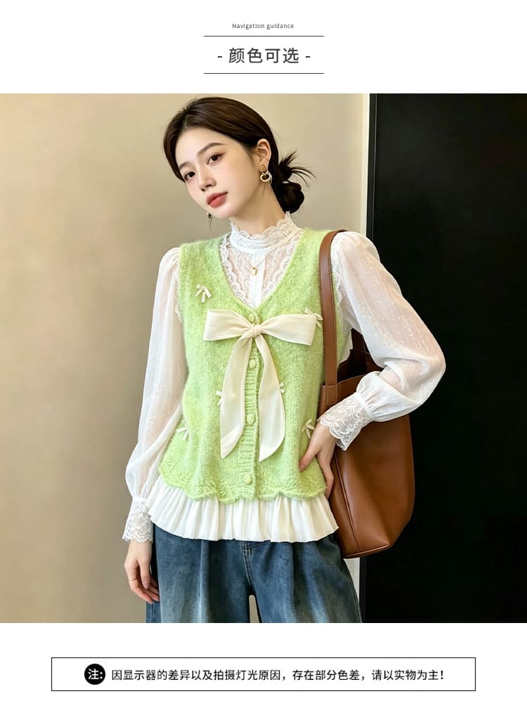 실사 빅 사이즈 이른 가을 외국 가스 나비 매듭 패치워크 니트 조끼 지방 mm 슬림해 보이는 연령 감소 스택 착용 베스트 맨위 여성 상세 이미지 4
