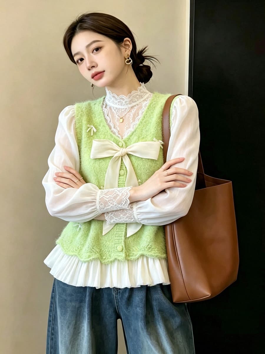 실사 빅 사이즈 이른 가을 외국 가스 나비 매듭 패치워크 니트 조끼 지방 mm 슬림해 보이는 연령 감소 스택 착용 베스트 맨위 여성 상세 이미지 12
