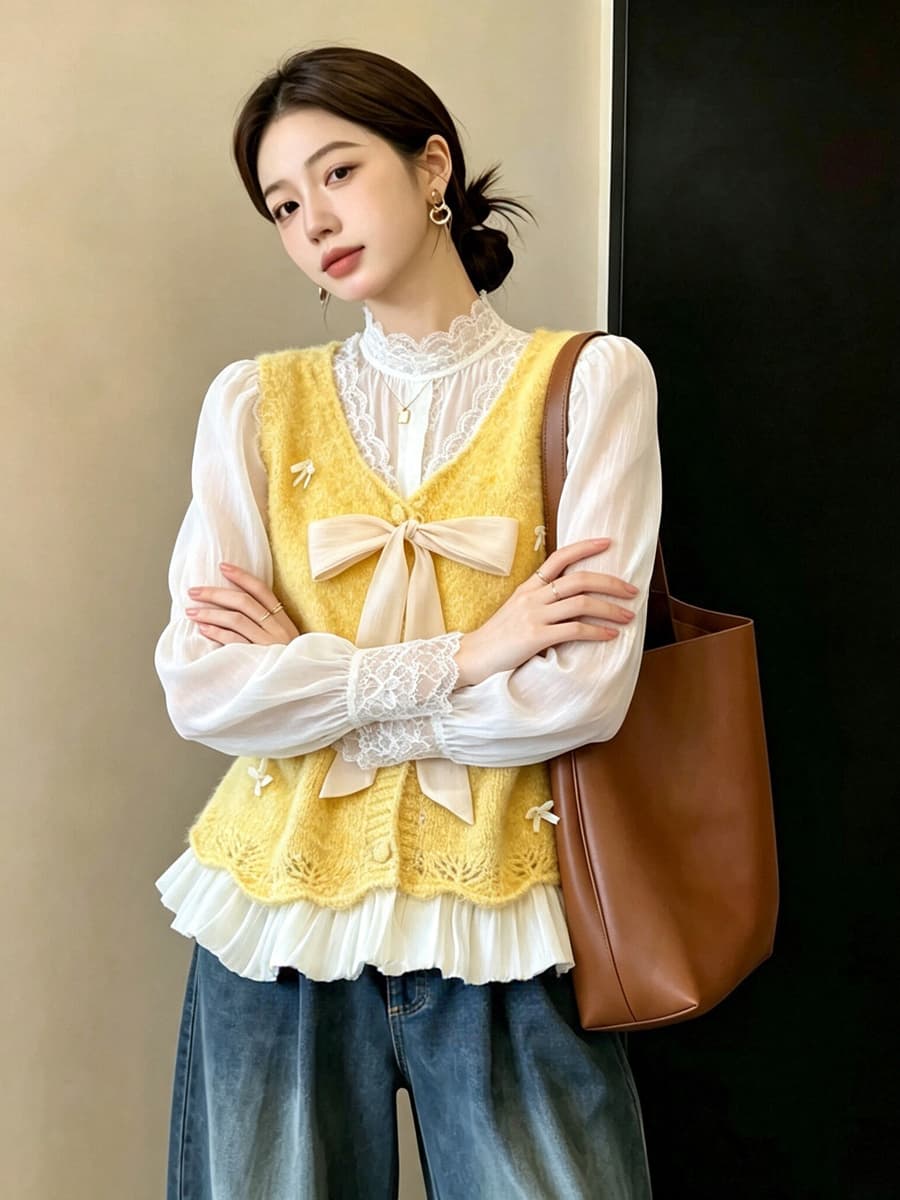 실사 빅 사이즈 이른 가을 외국 가스 나비 매듭 패치워크 니트 조끼 지방 mm 슬림해 보이는 연령 감소 스택 착용 베스트 맨위 여성 상세 이미지 13
