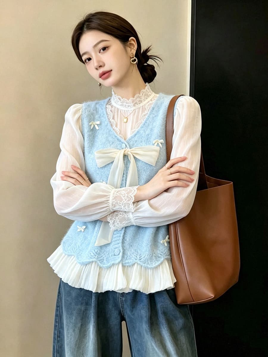실사 빅 사이즈 이른 가을 외국 가스 나비 매듭 패치워크 니트 조끼 지방 mm 슬림해 보이는 연령 감소 스택 착용 베스트 맨위 여성 상세 이미지 21