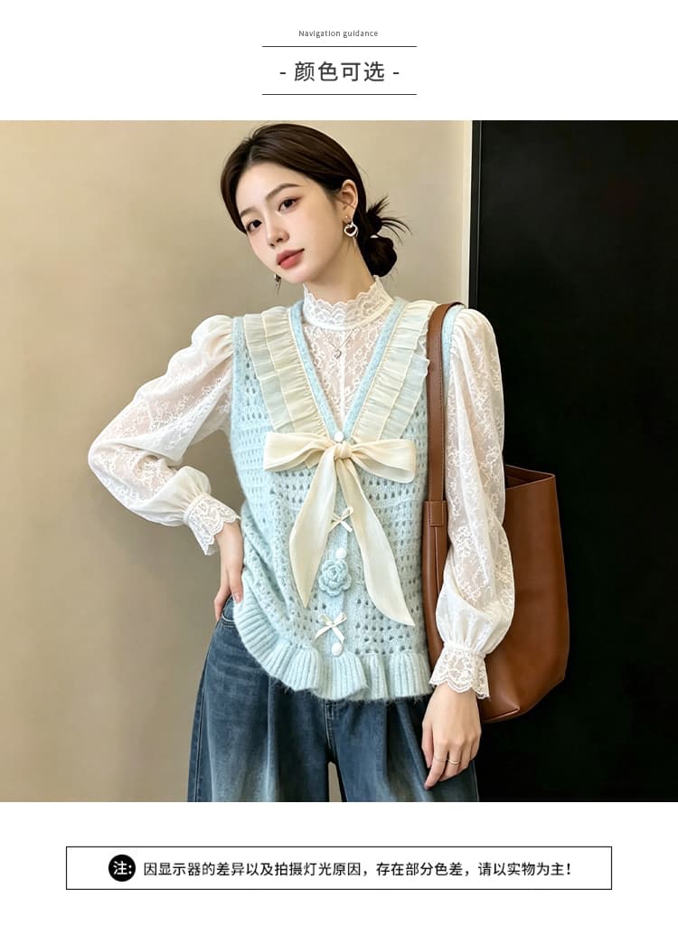 실사 빅 사이즈 이른 가을 홀로우 아웃 자수 부드러운 찹쌀 니트 조끼 3 차원 꽃 패치워크 망사 스택 착용 베스트 맨위 상세 이미지 4