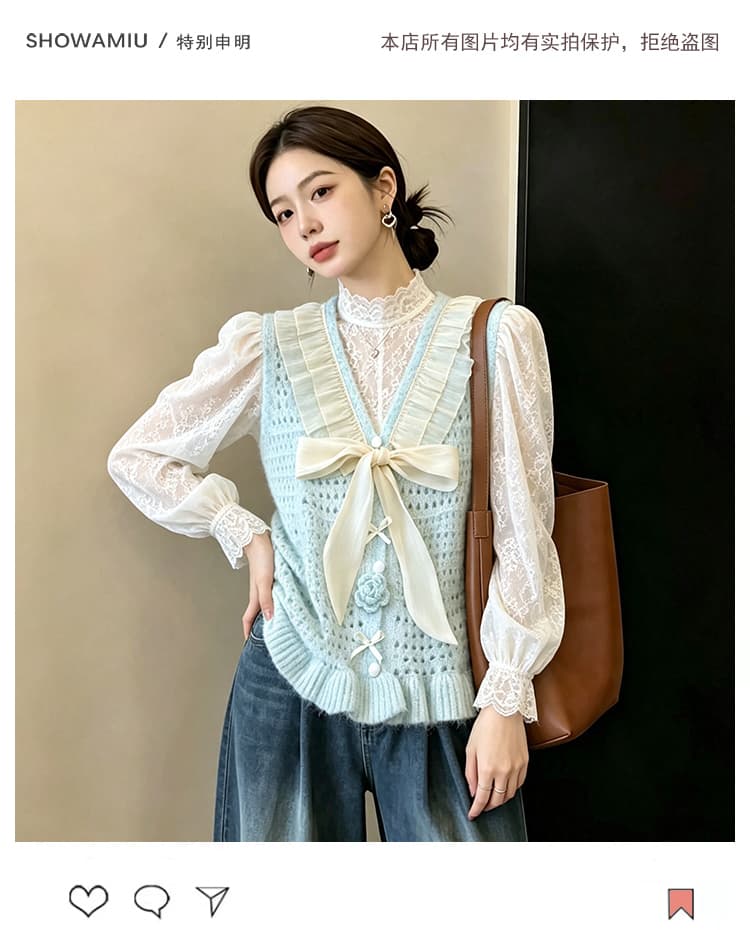 실사 빅 사이즈 이른 가을 홀로우 아웃 자수 부드러운 찹쌀 니트 조끼 3 차원 꽃 패치워크 망사 스택 착용 베스트 맨위 상세 이미지 7