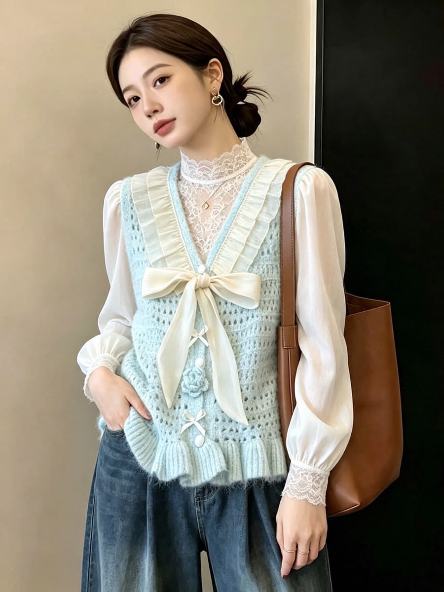 실사 빅 사이즈 이른 가을 홀로우 아웃 자수 부드러운 찹쌀 니트 조끼 3 차원 꽃 패치워크 망사 스택 착용 베스트 맨위 상세 이미지 12