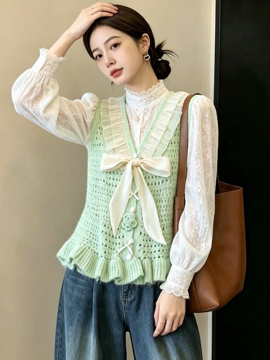 실사 빅 사이즈 이른 가을 홀로우 아웃 자수 부드러운 찹쌀 니트 조끼 3 차원 꽃 패치워크 망사 스택 착용 베스트 맨위 상세 이미지 14