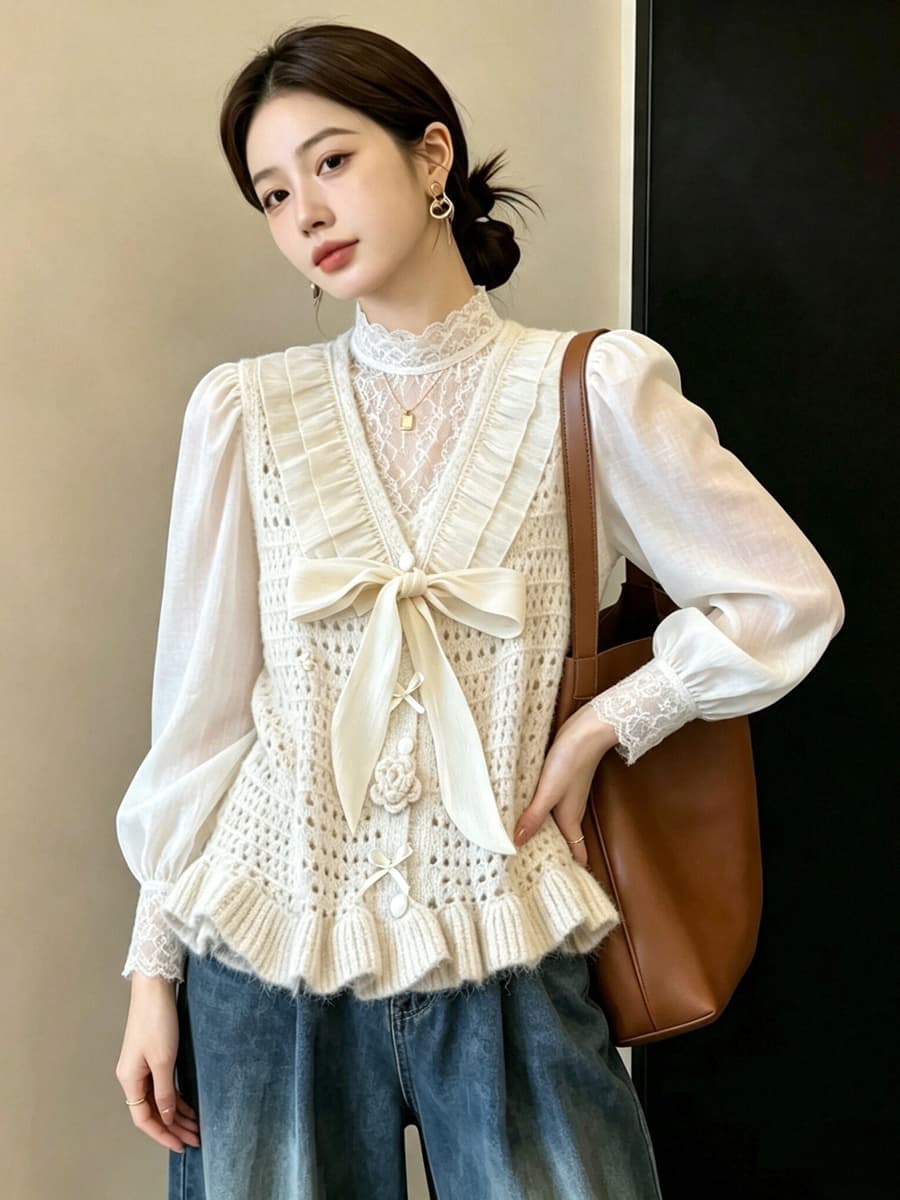 실사 빅 사이즈 이른 가을 홀로우 아웃 자수 부드러운 찹쌀 니트 조끼 3 차원 꽃 패치워크 망사 스택 착용 베스트 맨위 상세 이미지 19