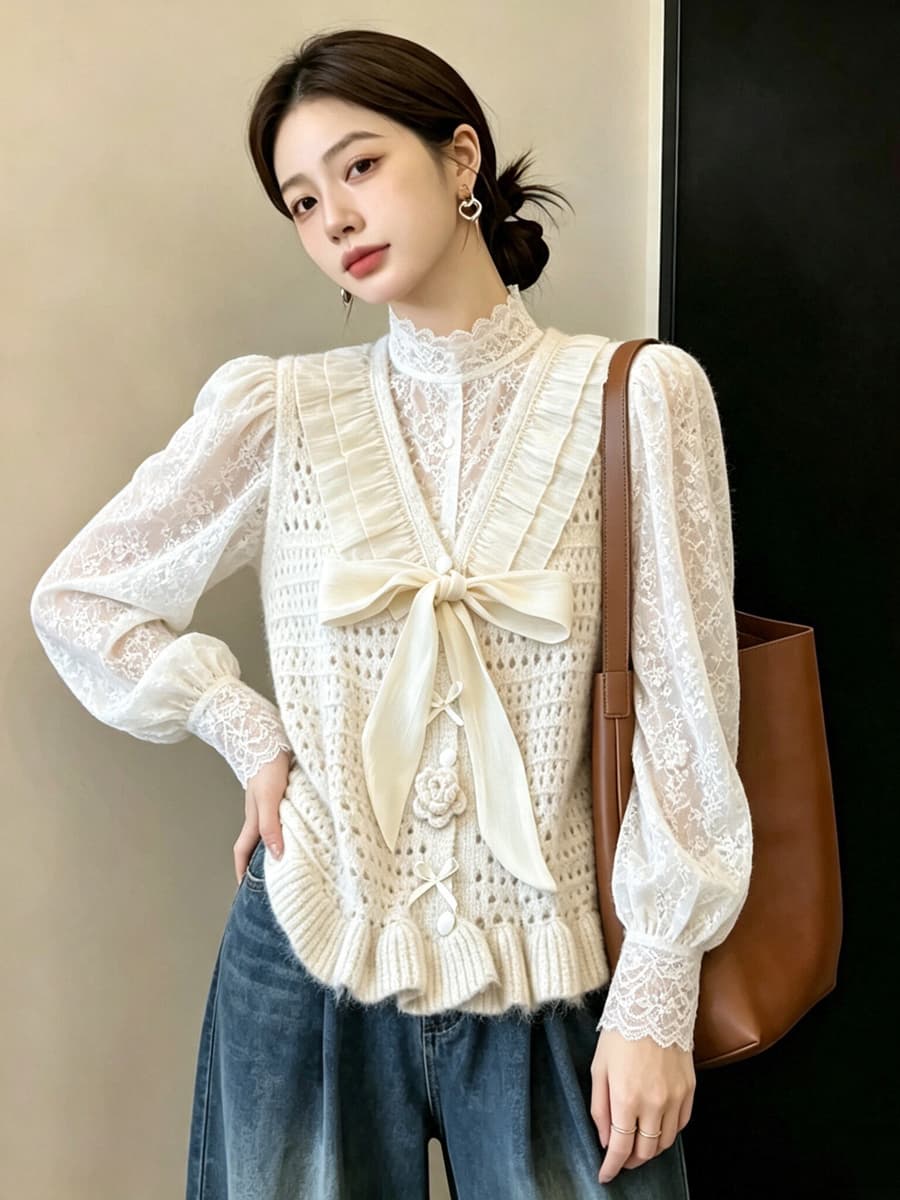 실사 빅 사이즈 이른 가을 홀로우 아웃 자수 부드러운 찹쌀 니트 조끼 3 차원 꽃 패치워크 망사 스택 착용 베스트 맨위 상세 이미지 21