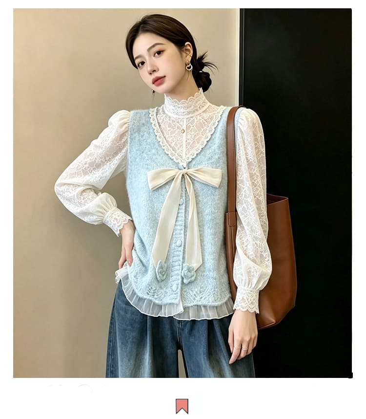 실사 빅 사이즈 이른 가을 외국 가스 나비 매듭 패치워크 니트 조끼 지방 mm 슬림해 보이는 연령 감소 스택 착용 베스트 맨위 여성 상세 이미지 2