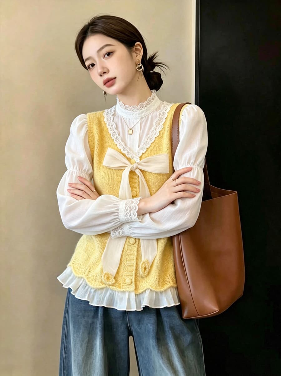 실사 빅 사이즈 이른 가을 외국 가스 나비 매듭 패치워크 니트 조끼 지방 mm 슬림해 보이는 연령 감소 스택 착용 베스트 맨위 여성 상세 이미지 10
