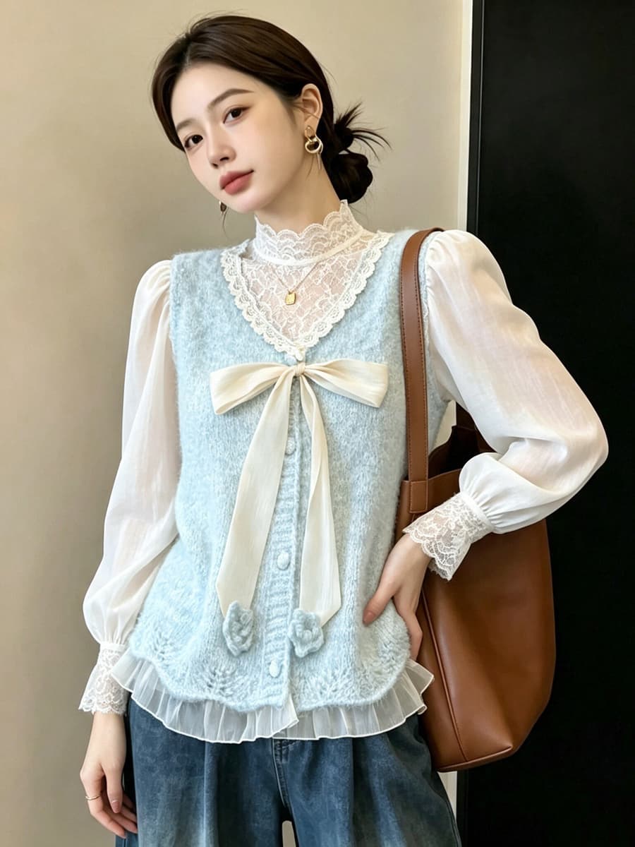 실사 빅 사이즈 이른 가을 외국 가스 나비 매듭 패치워크 니트 조끼 지방 mm 슬림해 보이는 연령 감소 스택 착용 베스트 맨위 여성 상세 이미지 19