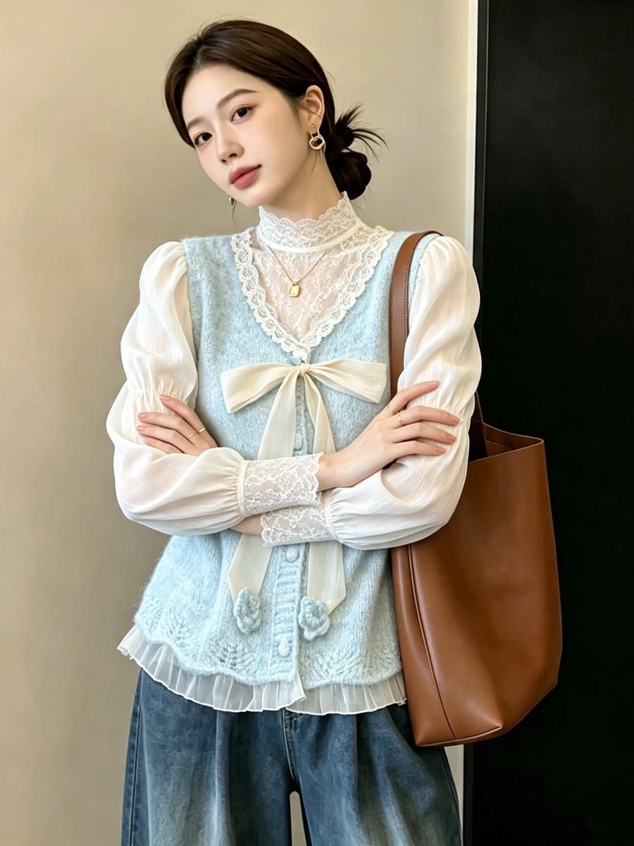 실사 빅 사이즈 이른 가을 외국 가스 나비 매듭 패치워크 니트 조끼 지방 mm 슬림해 보이는 연령 감소 스택 착용 베스트 맨위 여성 상세 이미지 20
