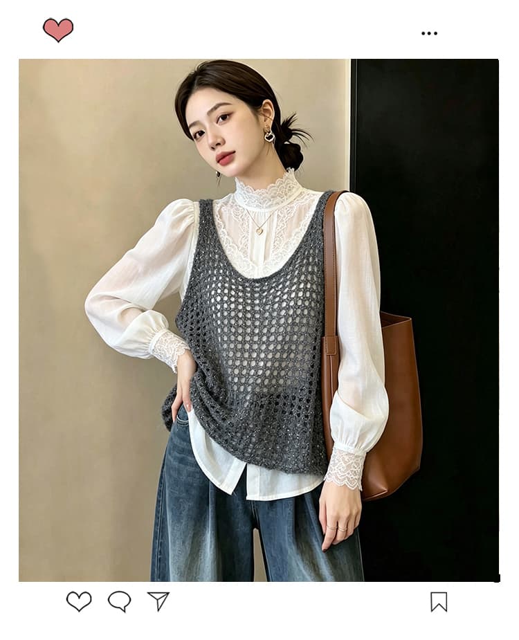 실사 빅 사이즈 이른 가을 홀로우 아웃 광택 실 구슬 조각 니트 조끼 외국 가스 연령 감소 슬림해 보이는 다용도 스택 착용 조끼 여자 상세 이미지 1