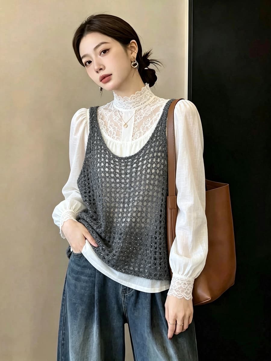 실사 빅 사이즈 이른 가을 홀로우 아웃 광택 실 구슬 조각 니트 조끼 외국 가스 연령 감소 슬림해 보이는 다용도 스택 착용 조끼 여자 상세 이미지 10