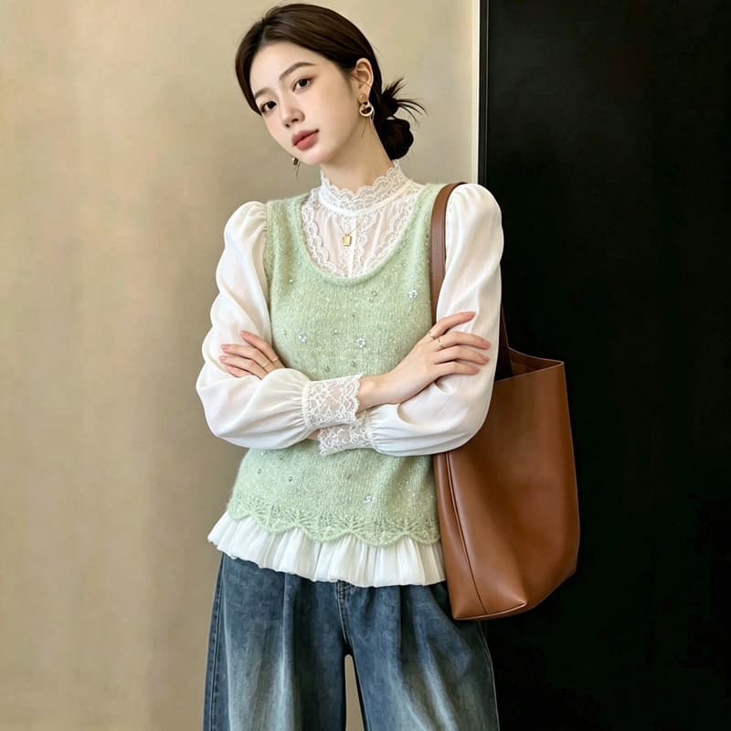 실사 빅 사이즈 이른 가을 외국 가스 비즈 박기 밑단 패치워크 니트 조끼 지방 mm 슬림해 보이는 연령 감소 스택 착용 조끼 여자 이미지 4