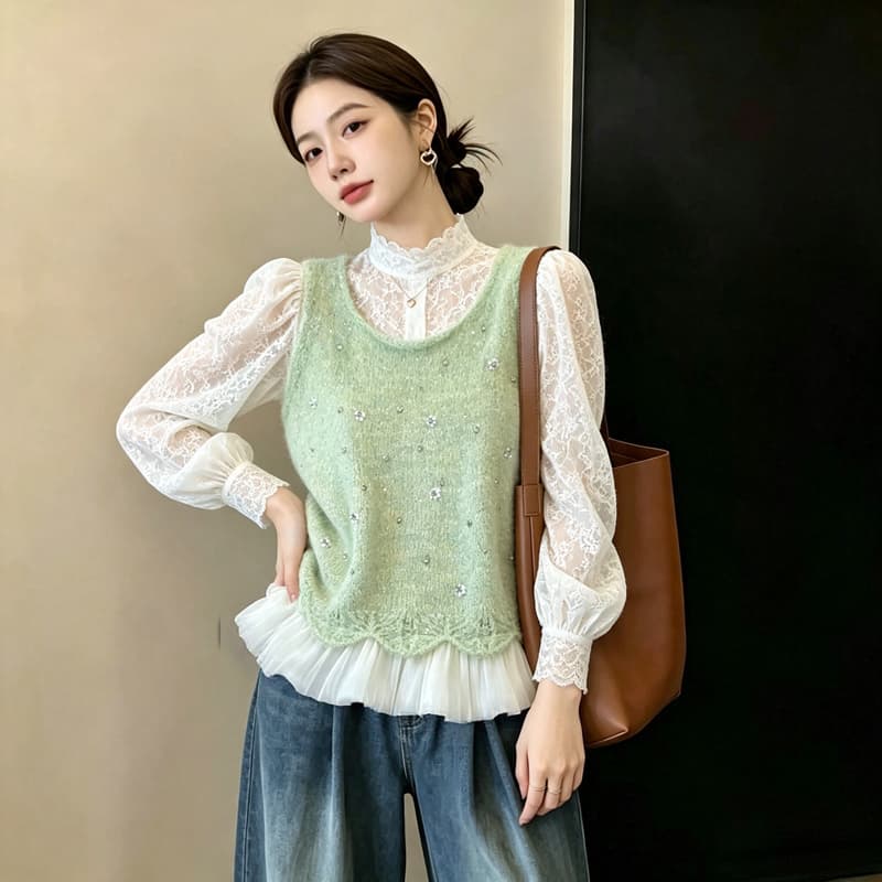 실사 빅 사이즈 이른 가을 외국 가스 비즈 박기 밑단 패치워크 니트 조끼 지방 mm 슬림해 보이는 연령 감소 스택 착용 조끼 여자 이미지 6