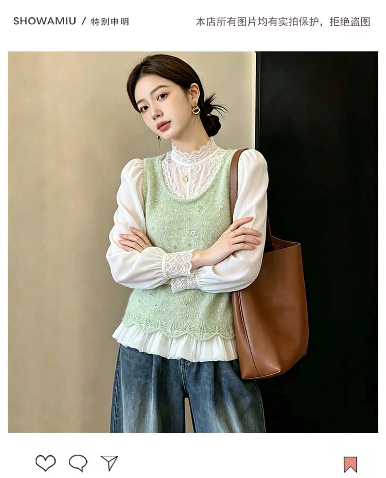 실사 빅 사이즈 이른 가을 외국 가스 비즈 박기 밑단 패치워크 니트 조끼 지방 mm 슬림해 보이는 연령 감소 스택 착용 조끼 여자 상세 이미지 7
