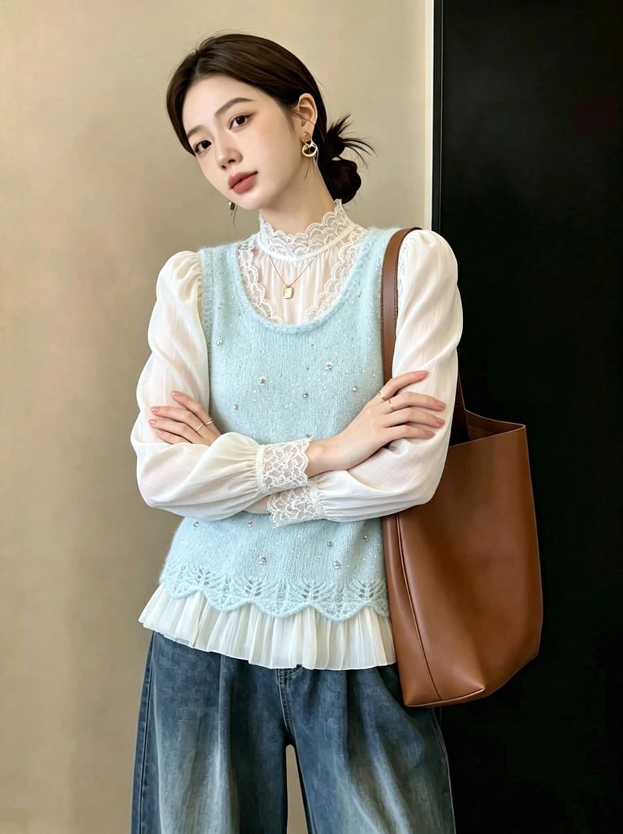 실사 빅 사이즈 이른 가을 외국 가스 비즈 박기 밑단 패치워크 니트 조끼 지방 mm 슬림해 보이는 연령 감소 스택 착용 조끼 여자 상세 이미지 13
