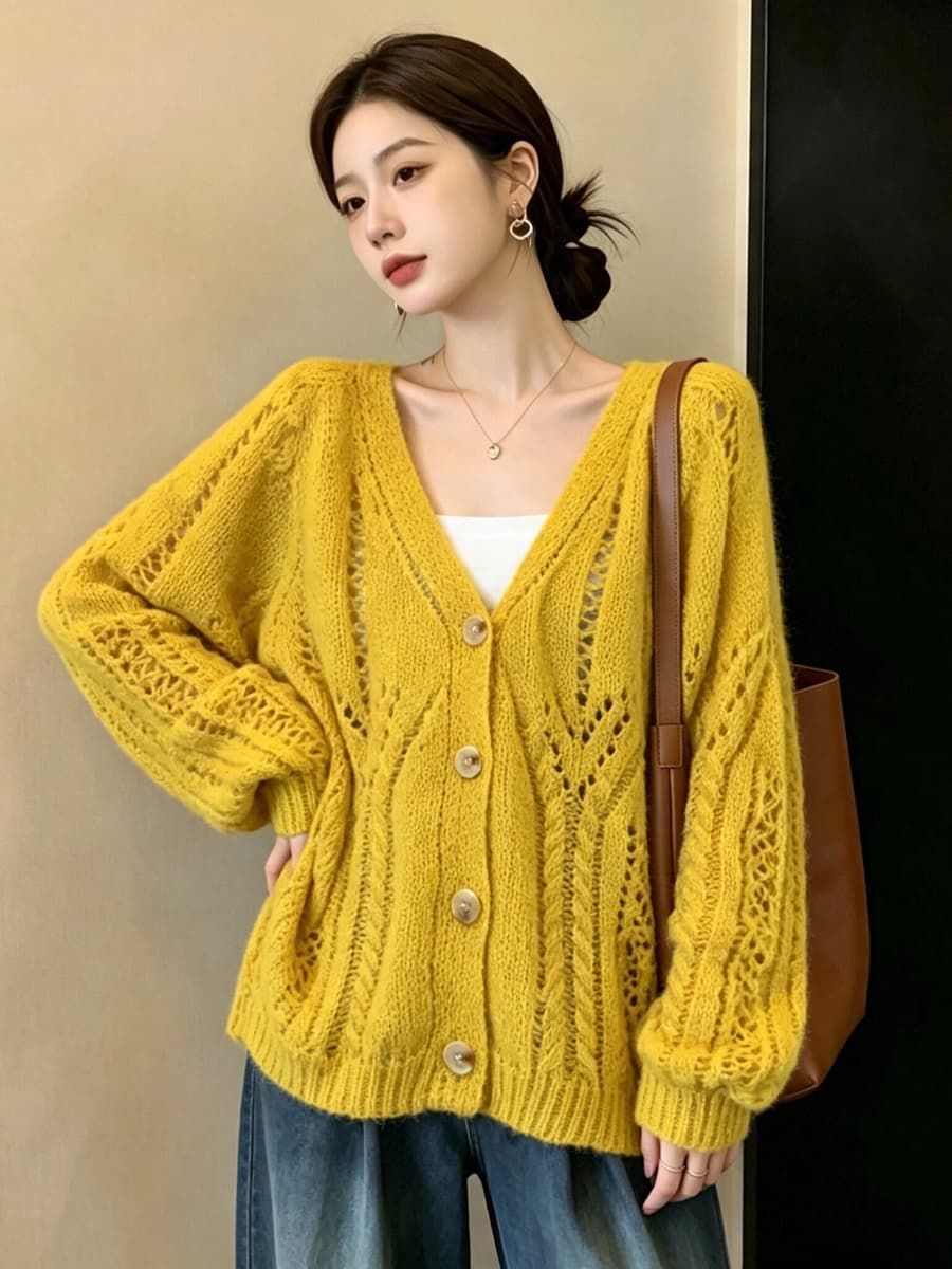실사 빅 사이즈 이른 가을 한 부서 외국 가스 도파민 홀로우 아웃 자수 색상 패션 연령 감소 긴팔 니트 오픈 가디건 여성 상세 이미지 10