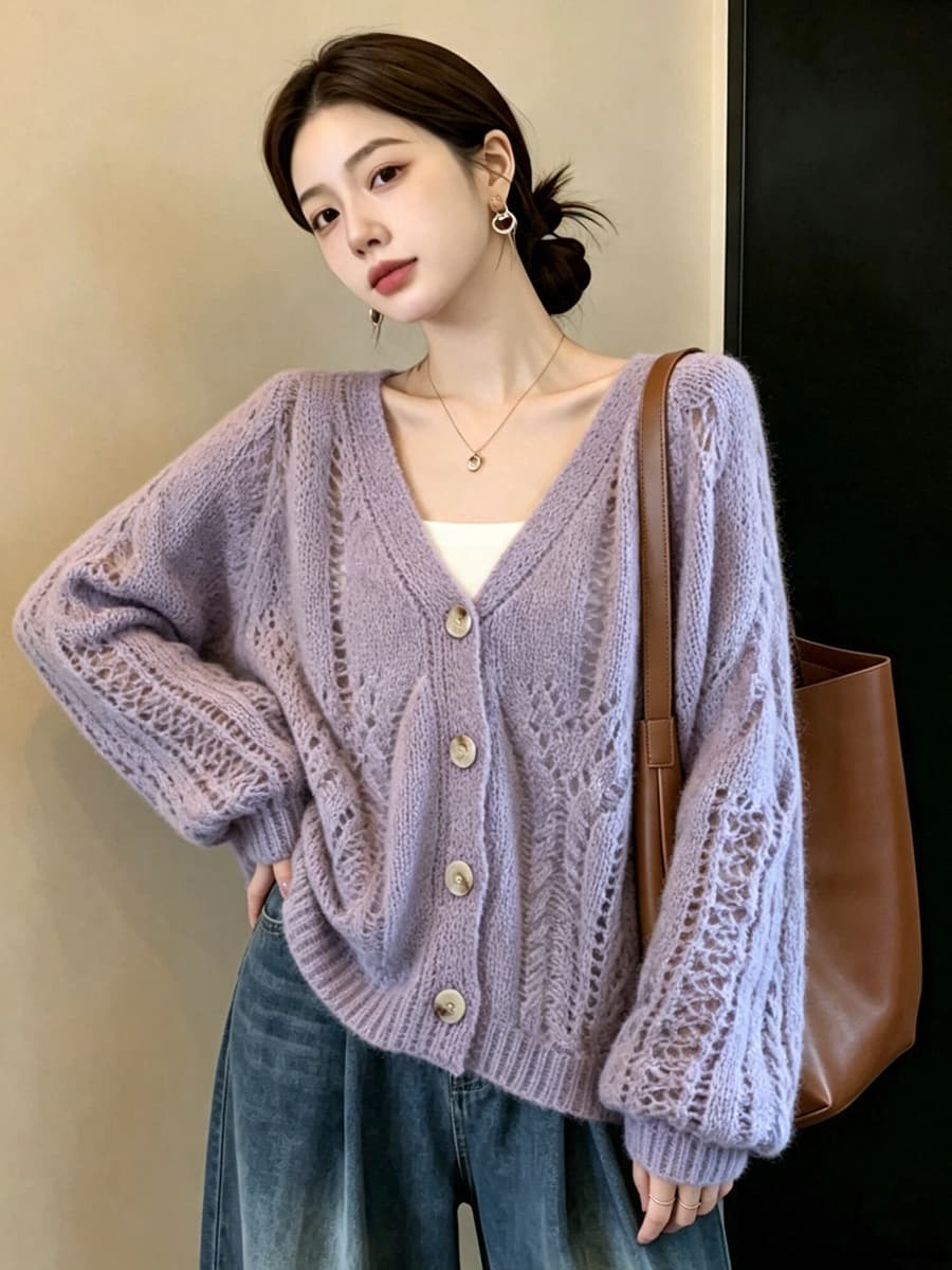 실사 빅 사이즈 이른 가을 한 부서 외국 가스 도파민 홀로우 아웃 자수 색상 패션 연령 감소 긴팔 니트 오픈 가디건 여성 상세 이미지 16