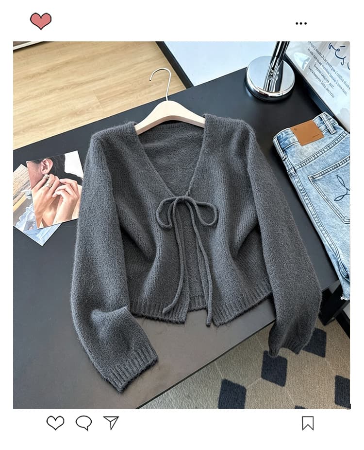 실사 빅 사이즈 가을 겨울 외국 가스 다용도 니트 오픈 가디건 미니멀리즘 레이스업 지방 mm 슬림해 보이는 다용도 맨위 여성 상세 이미지 26