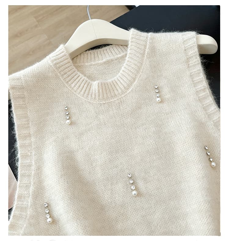 실사 빅 사이즈 가을 겨울 외국 가스 비즈 박기 밑단 패치워크 니트 조끼 지방 mm 슬림해 보이는 연령 감소 스택 착용 조끼 여자 상세 이미지 10