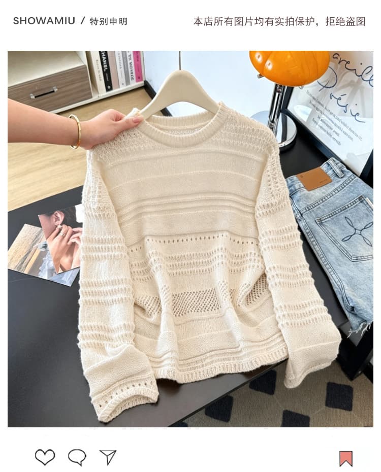 실사 빅 사이즈 외국 가스 홀로우 아웃 자수 미니멀리즘 니트 지방 mm 슬림해 보이는 패션 연령 감소 긴팔 풀오버 맨위 여성 상세 이미지 7