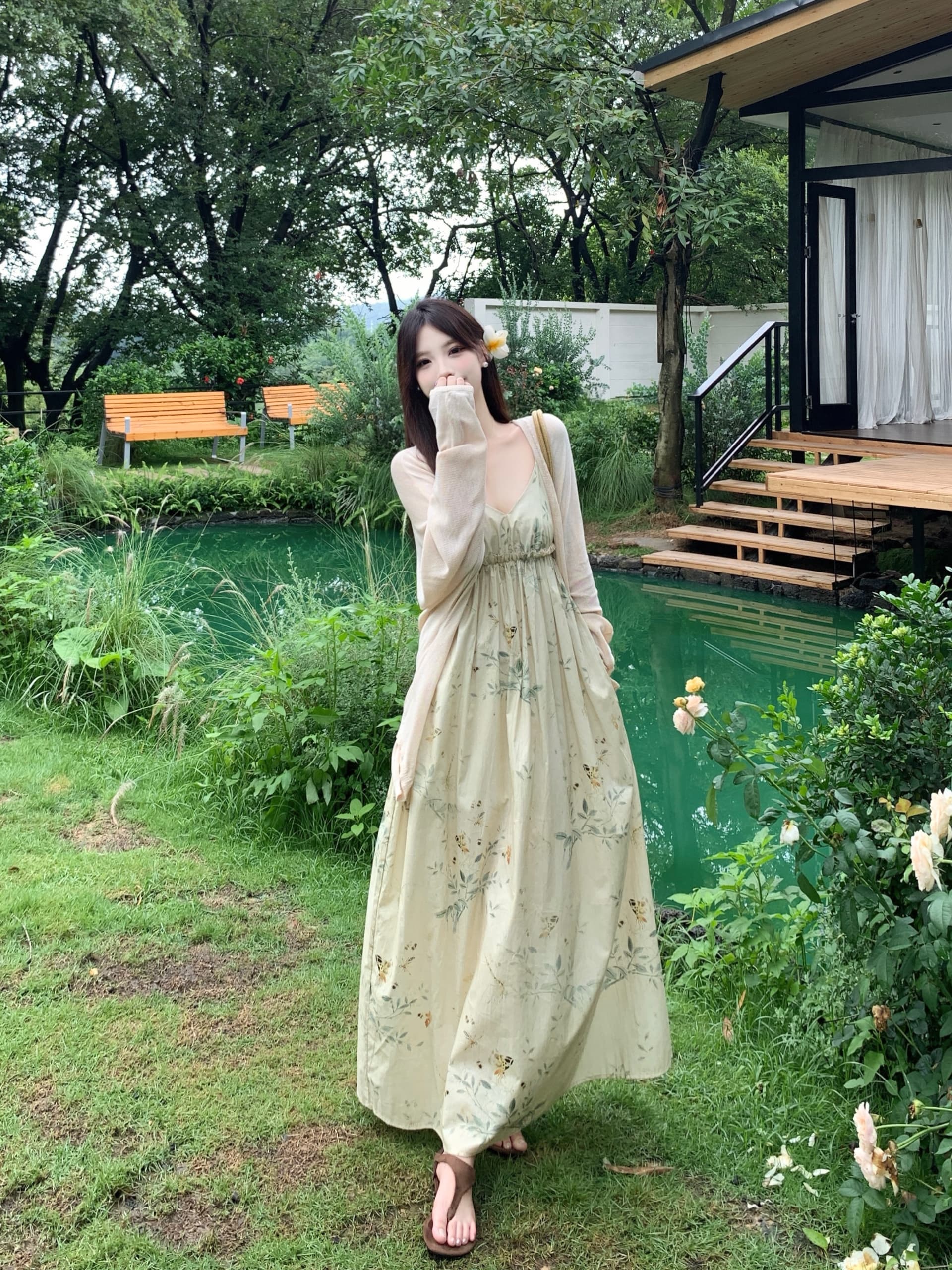 실사 2026 여름 새로운 지방 mm 캐주얼 국풍 루즈핏 느긋한 롱 코트 슬립 휴가 치마 자외선 차단 의류 세트 상세 이미지 8
