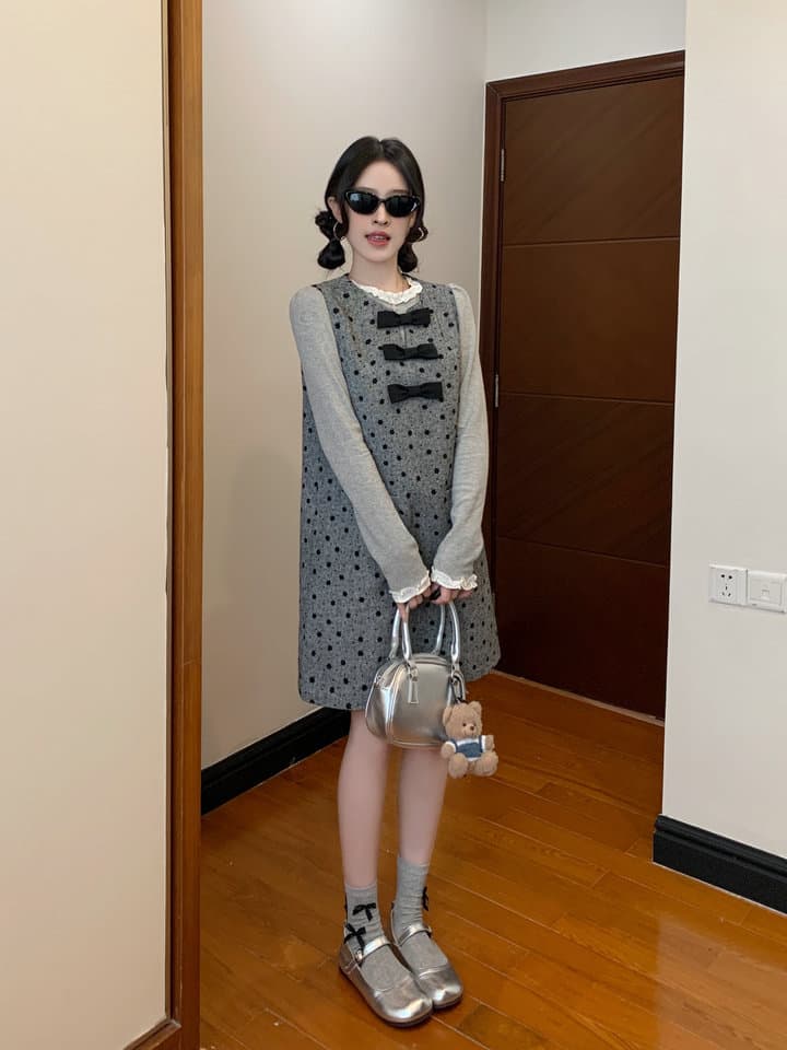 실사 작은 샤넬 스타일 여성 드레스 2026 가을 새로운 나비 매듭 연령 감소 조끼 스커트 기본 셔츠 투피스 슈트 상세 이미지 2