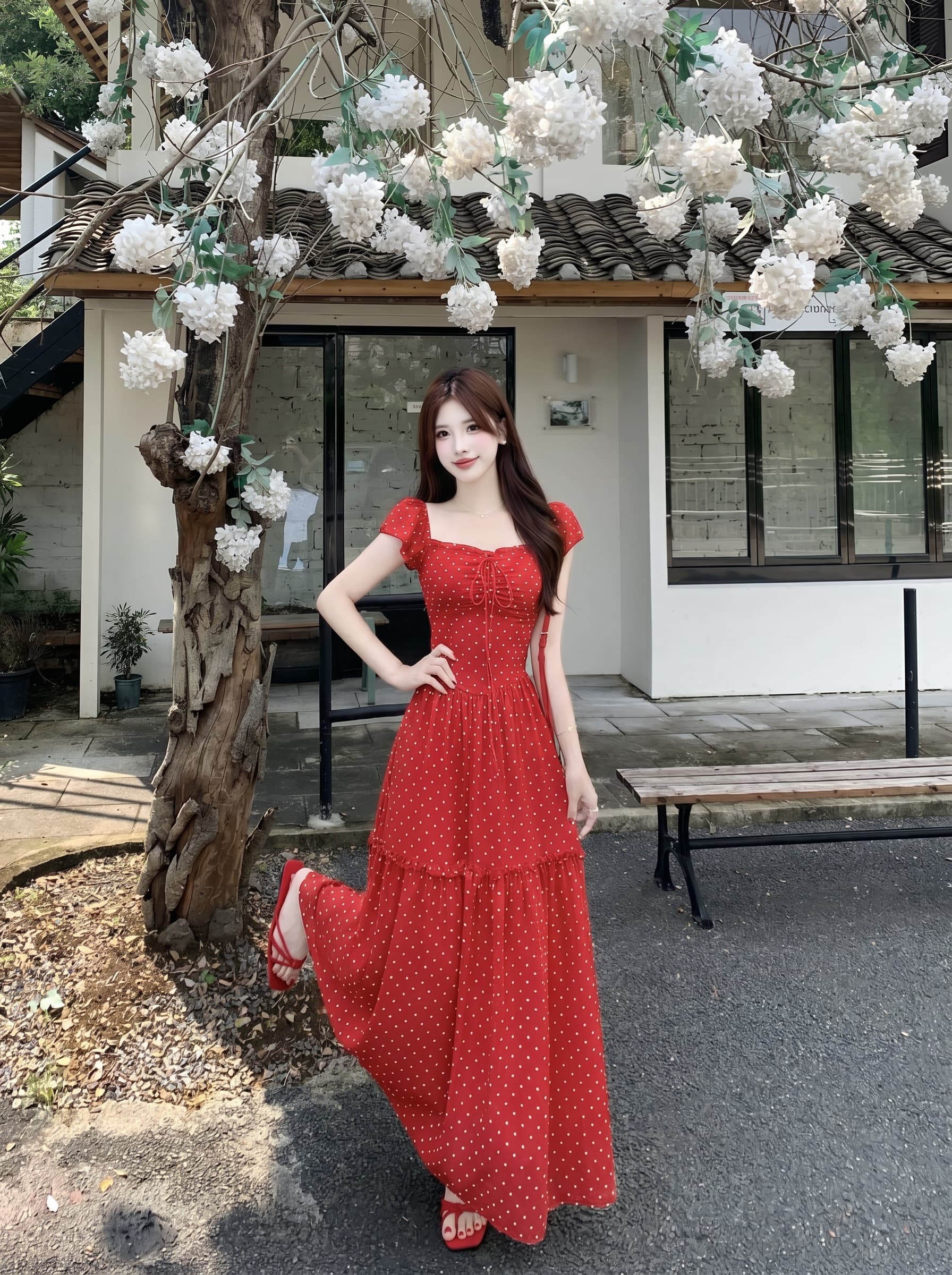 실사 26 새로운 빅 사이즈 작은 날다 소매 도트 무늬 여성 드레스 뒤로 부서 나비 매듭 품격 슬림해 보이는 작은 대중 롱 스커트 이미지 2