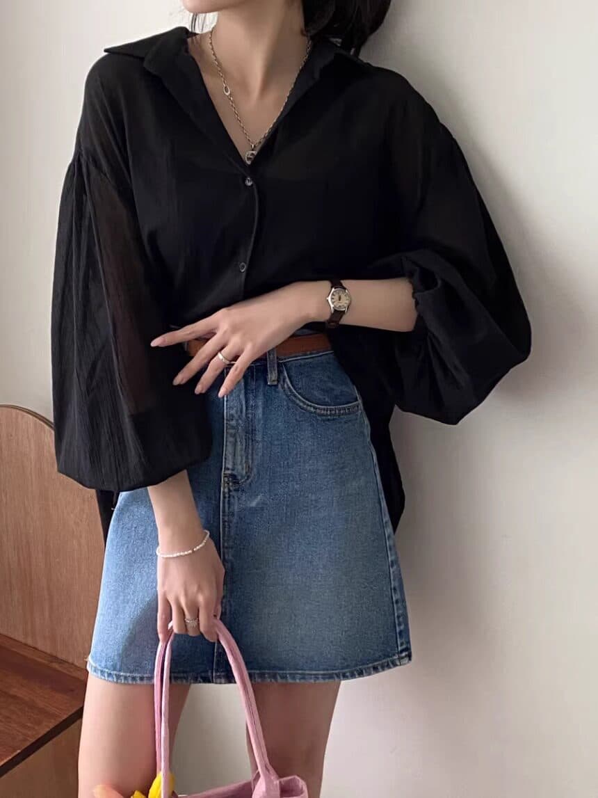 chic 봄 프랑스식 품격 폴로 칼라 작은 심장 기계 뒤로 트임 디자인 센스 마이크로 ~을 통해 얇은 스타일 자외선 차단 상세 이미지 2