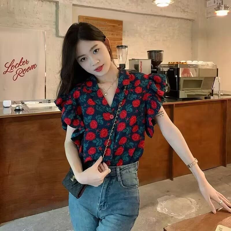 2026 여름 새로운 정장 파일럿 포트 바람 꽃 여성 셔츠 레트로 루즈핏 품격 프릴 작은 날다 소매 맨위 여름 상세 이미지 3
