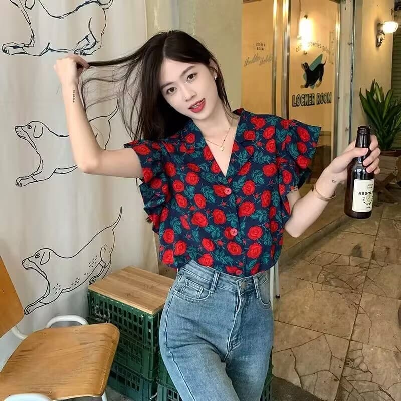 2026 여름 새로운 정장 파일럿 포트 바람 꽃 여성 셔츠 레트로 루즈핏 품격 프릴 작은 날다 소매 맨위 여름 상세 이미지 4