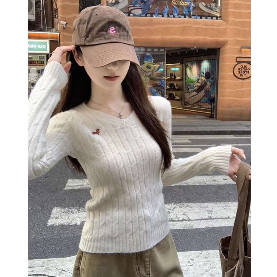 가을 겨울 한국 스타일 새로운 풀오버 꽈배기 V넥 자수 디자인 부드러운 찹쌀 인사이드 가져 가라. 스웨터 니트 스웨터 맨위 여성 이미지 5