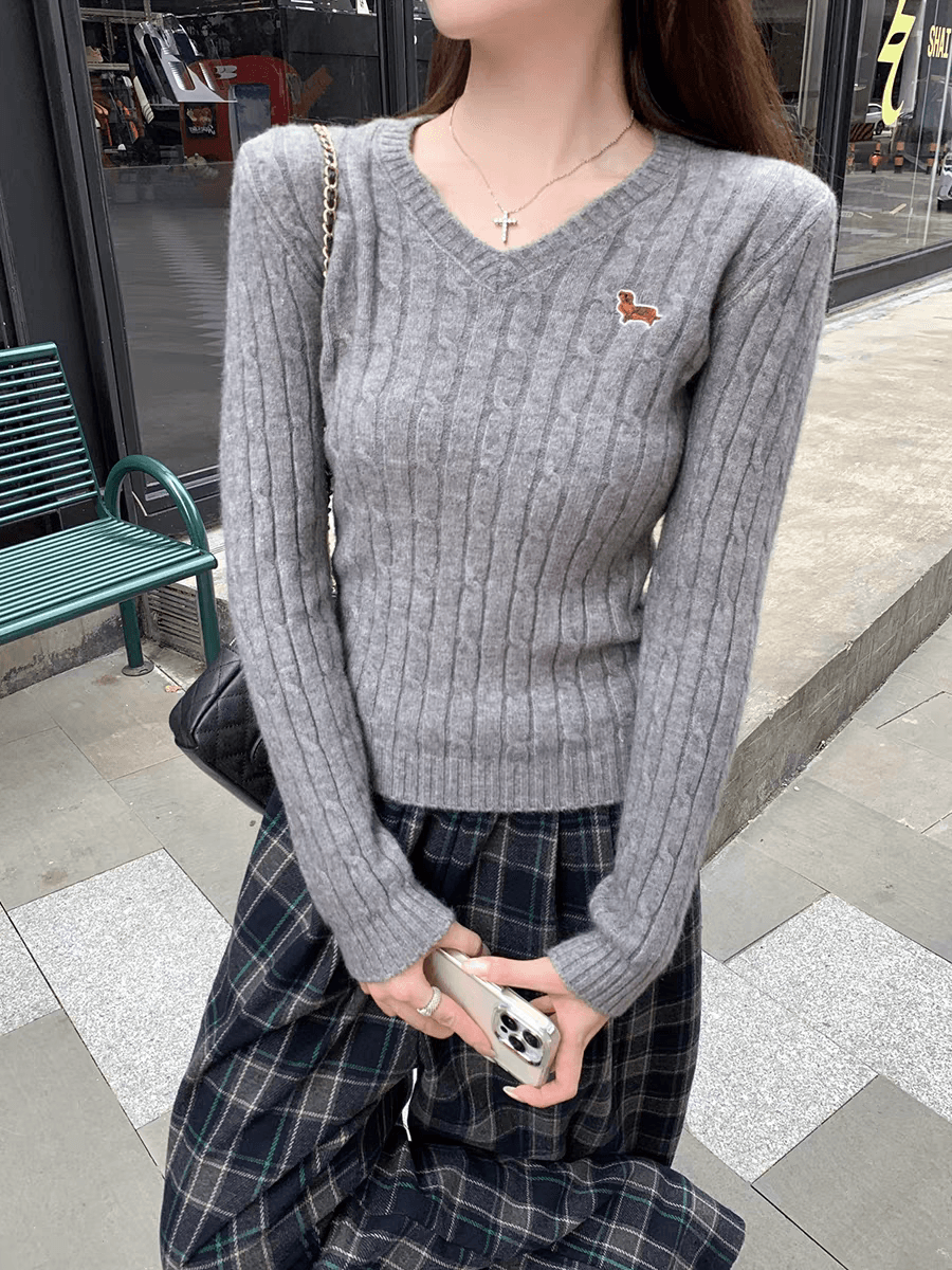 가을 겨울 한국 스타일 새로운 풀오버 꽈배기 V넥 자수 디자인 부드러운 찹쌀 인사이드 가져 가라. 스웨터 니트 스웨터 맨위 여성 상세 이미지 1